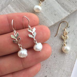 Sterling Silver Double Chevron & Pearl Earrings